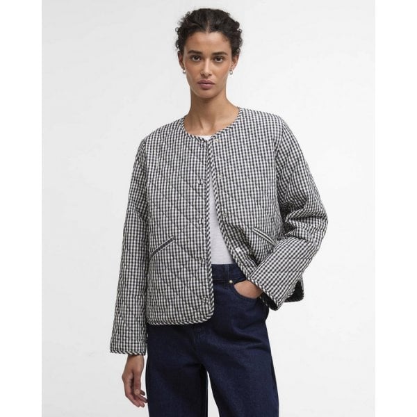 Cashel Check Collarless Quilted Jacket in Navy Gingham