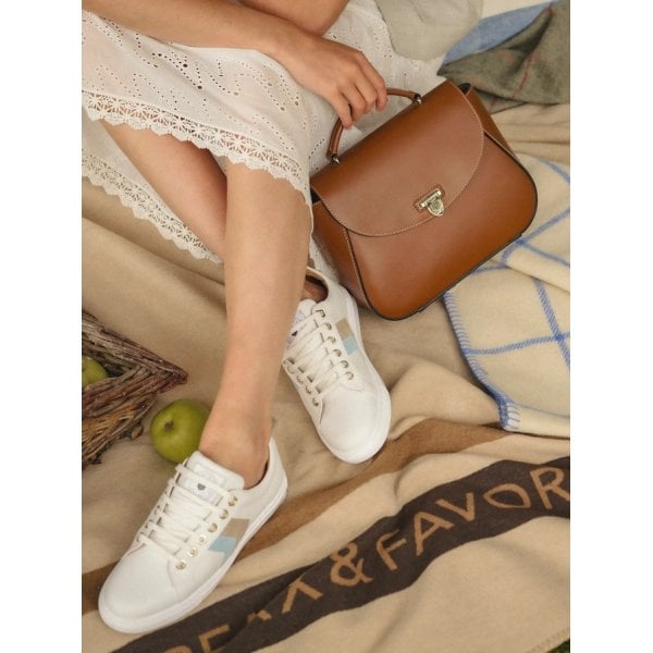 Alexandra Trainer in White Leather Sky Blue Stone