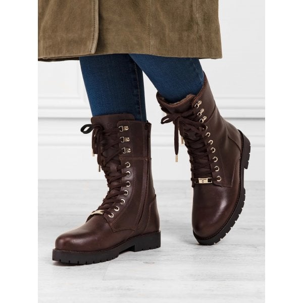 Anglesey Shearling Lined Combat Boot in Mahogany Leather