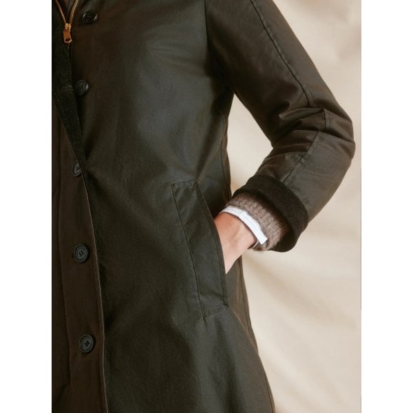 Womens Edith Wax Longline Coat in Dark Khaki