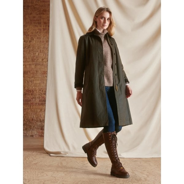 Womens Edith Wax Longline Coat in Dark Khaki