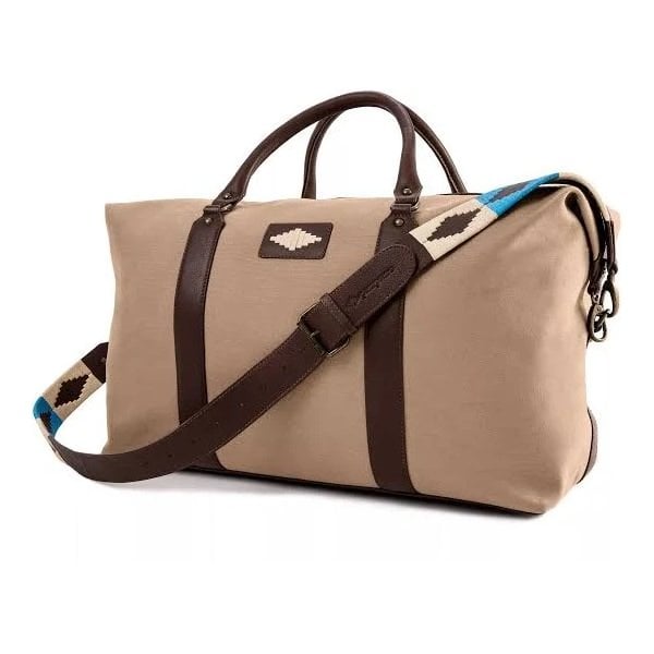 Caballero Large Travel Bag in Brown Leather and Sand Canvas
