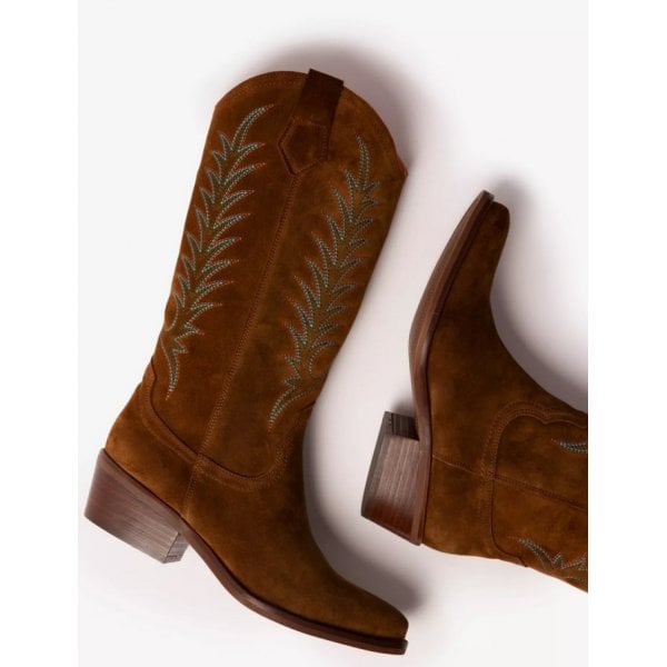 Goldie Embroidered Suede Boot in Peat/Blue