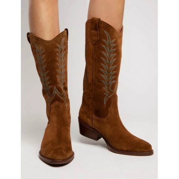 Goldie Embroidered Suede Boot in Peat/Blue