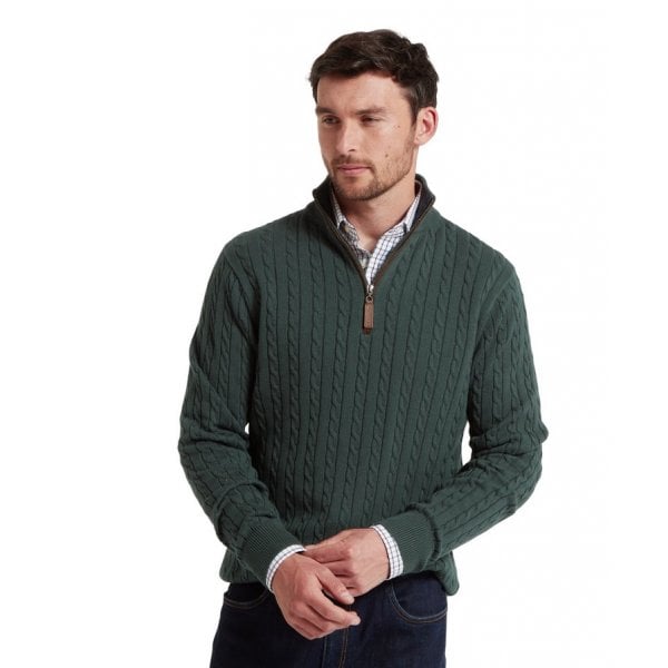 Mens Calton Cotton Cable Cashmere Quarter Zip Jumper in Botanical Green