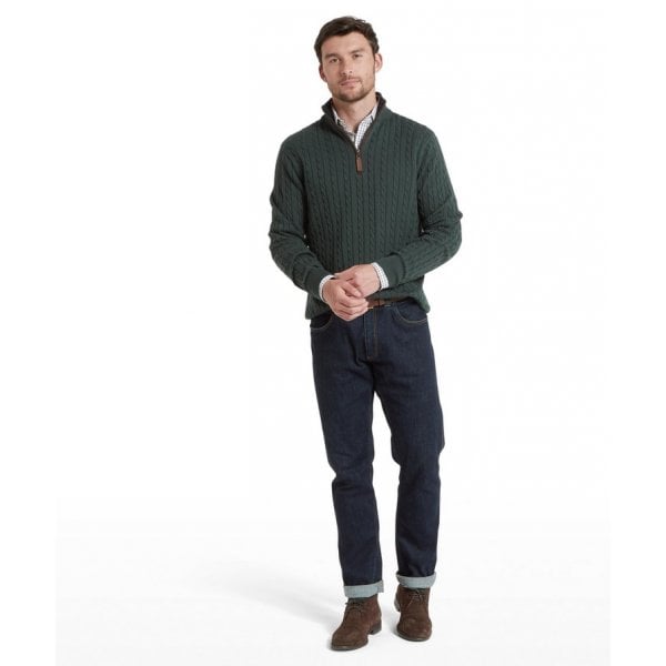 Mens Calton Cotton Cable Cashmere Quarter Zip Jumper in Botanical Green