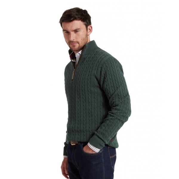 Mens Calton Cotton Cable Cashmere Quarter Zip Jumper in Botanical Green