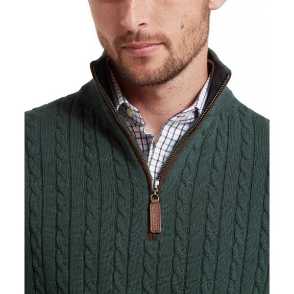 Mens Calton Cotton Cable Cashmere Quarter Zip Jumper in Botanical Green