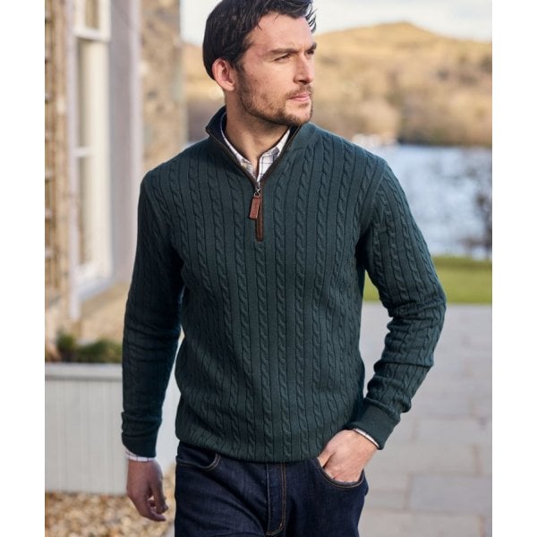 Mens Calton Cotton Cable Cashmere Quarter Zip Jumper in Botanical Green