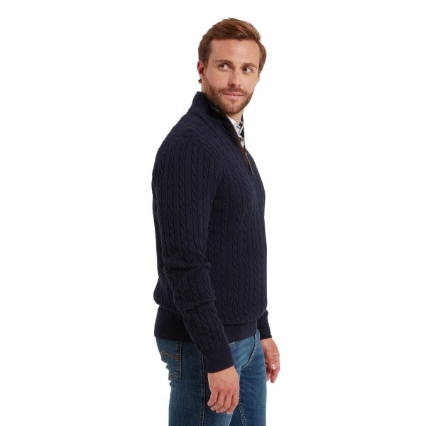 Mens Calton Cotton Cashmere Cable 1/4 Zip Jumper In Navy