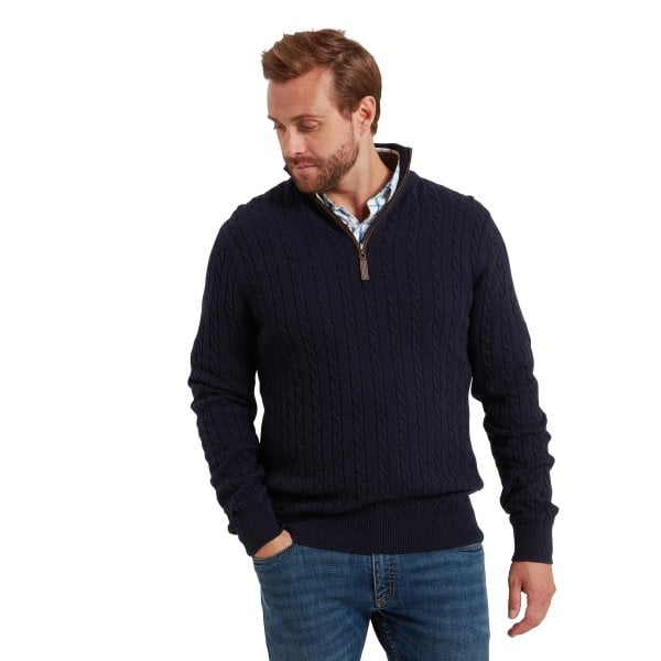 Mens Calton Cotton Cashmere Cable 1/4 Zip Jumper In Navy