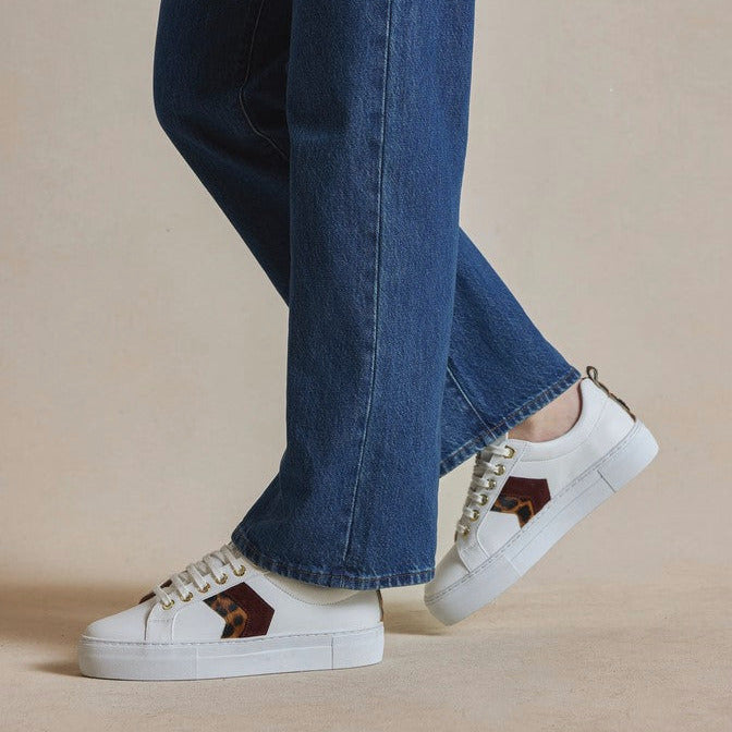 Platform Alexandra Trainer White Leather with Leopard/Port
