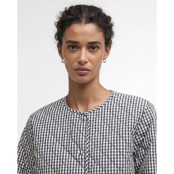 Cashel Check Collarless Quilted Jacket in Navy Gingham