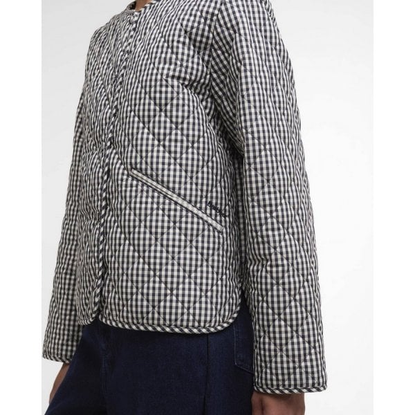 Cashel Check Collarless Quilted Jacket in Navy Gingham