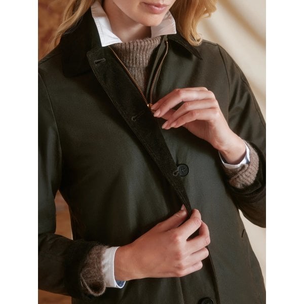 Womens Edith Wax Longline Coat in Dark Khaki