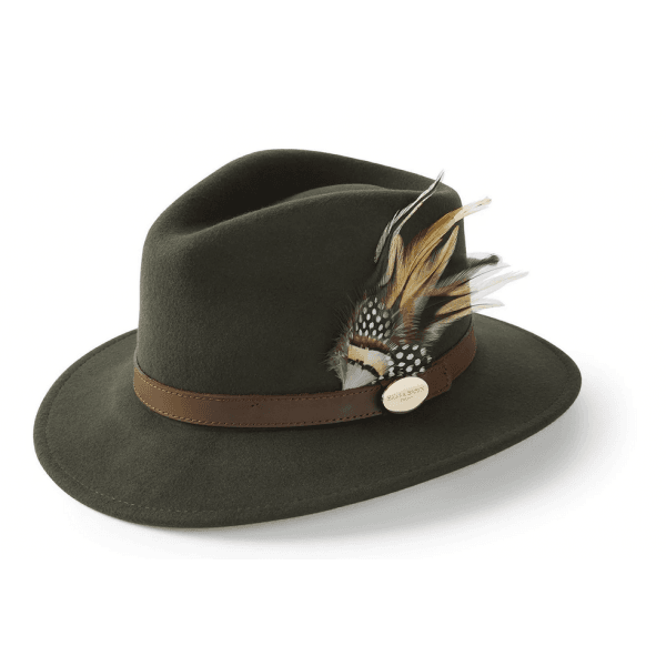 The Suffolk Fedora in Olive Green (Guinea & Pheasant Feather)