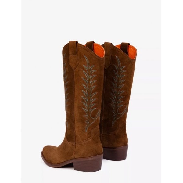 Goldie Embroidered Suede Boot in Peat/Blue