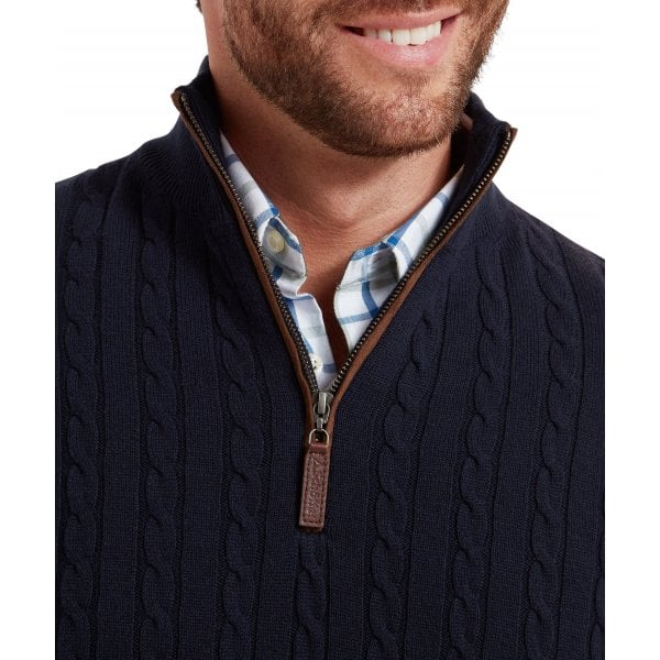 Mens Calton Cotton Cashmere Cable 1/4 Zip Jumper In Navy
