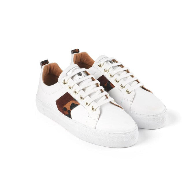 Platform Alexandra Trainer White Leather with Leopard/Port